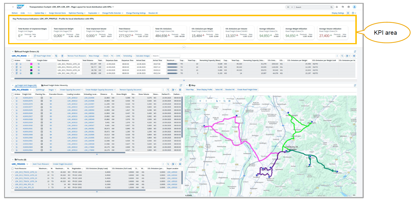 SAP Transportation Management Cockpit showing the new KPI area