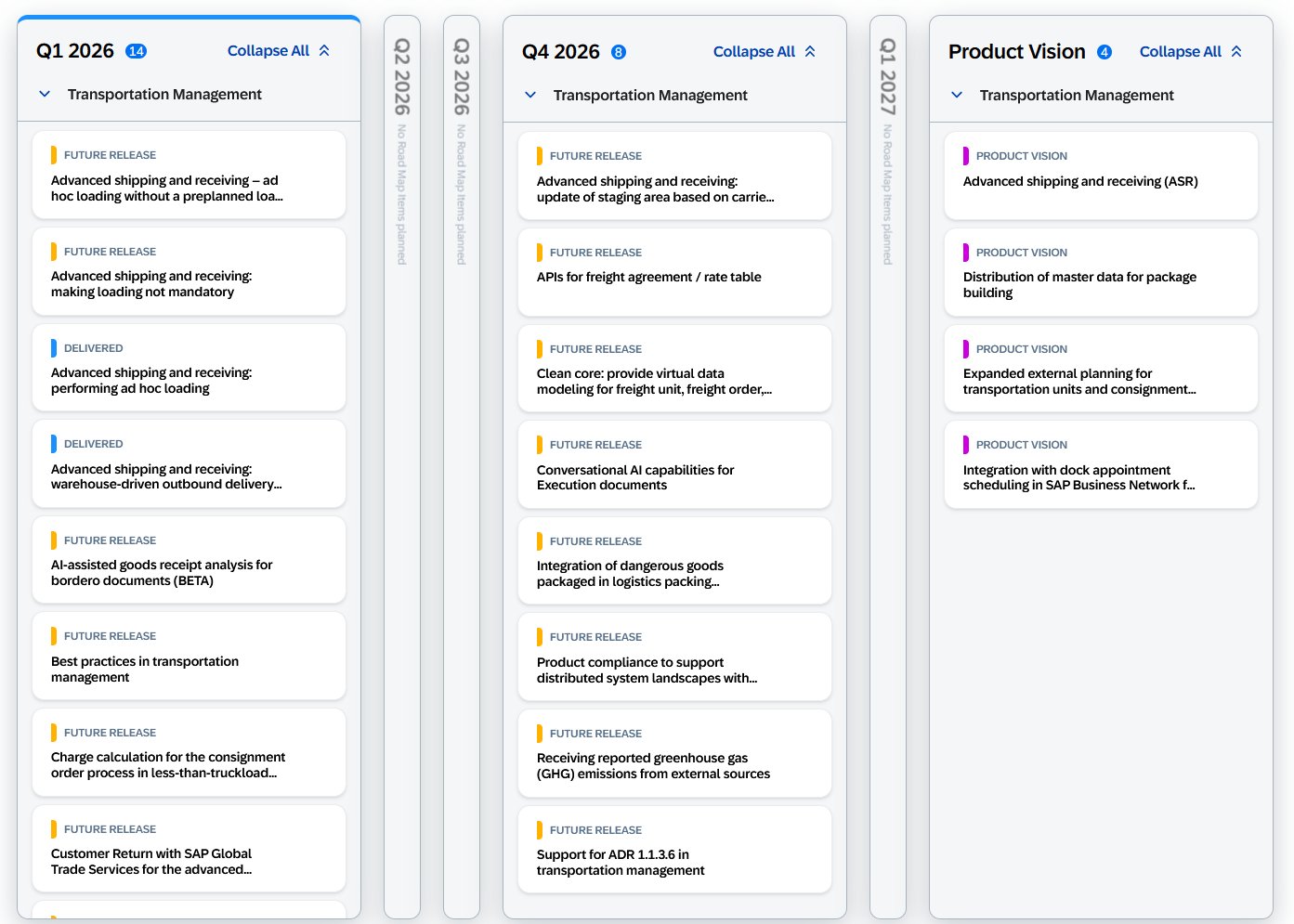 Planned innovations in 2026 for SAP Transportation Management