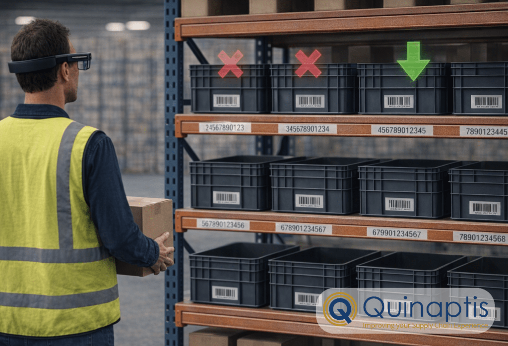 warehouse worker using AR glasses to perform putaway