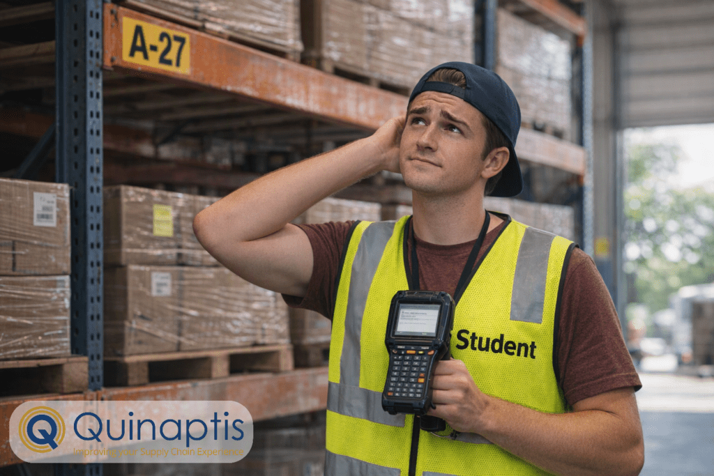 Student worker not knowing what to do in the warehouse.